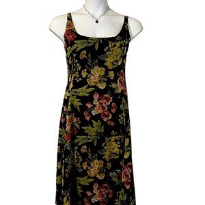 Lauren Ralph Lauren Black Floral Midi Dress with Pink and Green Blooms
